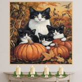 Autumn Whiskers: Black-and-White Cat Family Among Harvest Pumpkins on Ready to Hang 1.5" Thick Canvas Wrap, Floating Framed Canvas, Flat Rolled Canvas